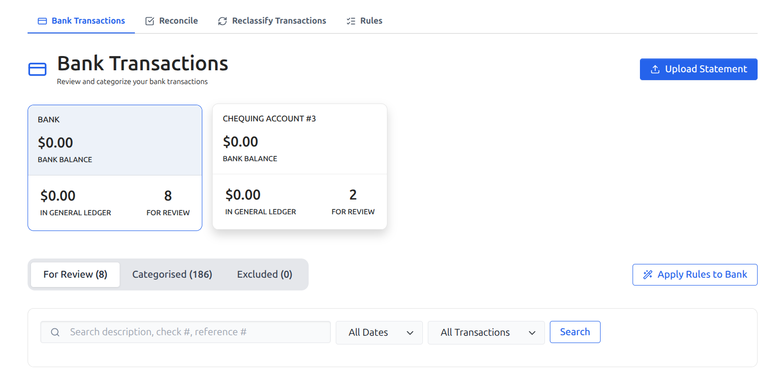 LedgerNext Bookkeeping bank transactions list with categorize, split, transfer, and exclude controls