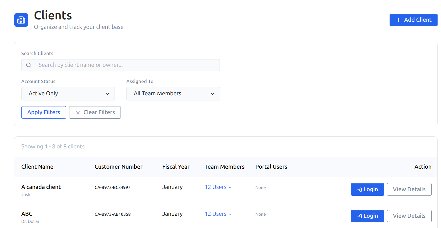 LedgerNext Bookkeeping client list showing multiple client companies managed from one firm account