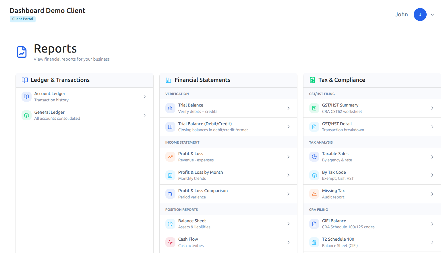 LedgerNext Bookkeeping client collaboration portal showing shared financial reports and documents