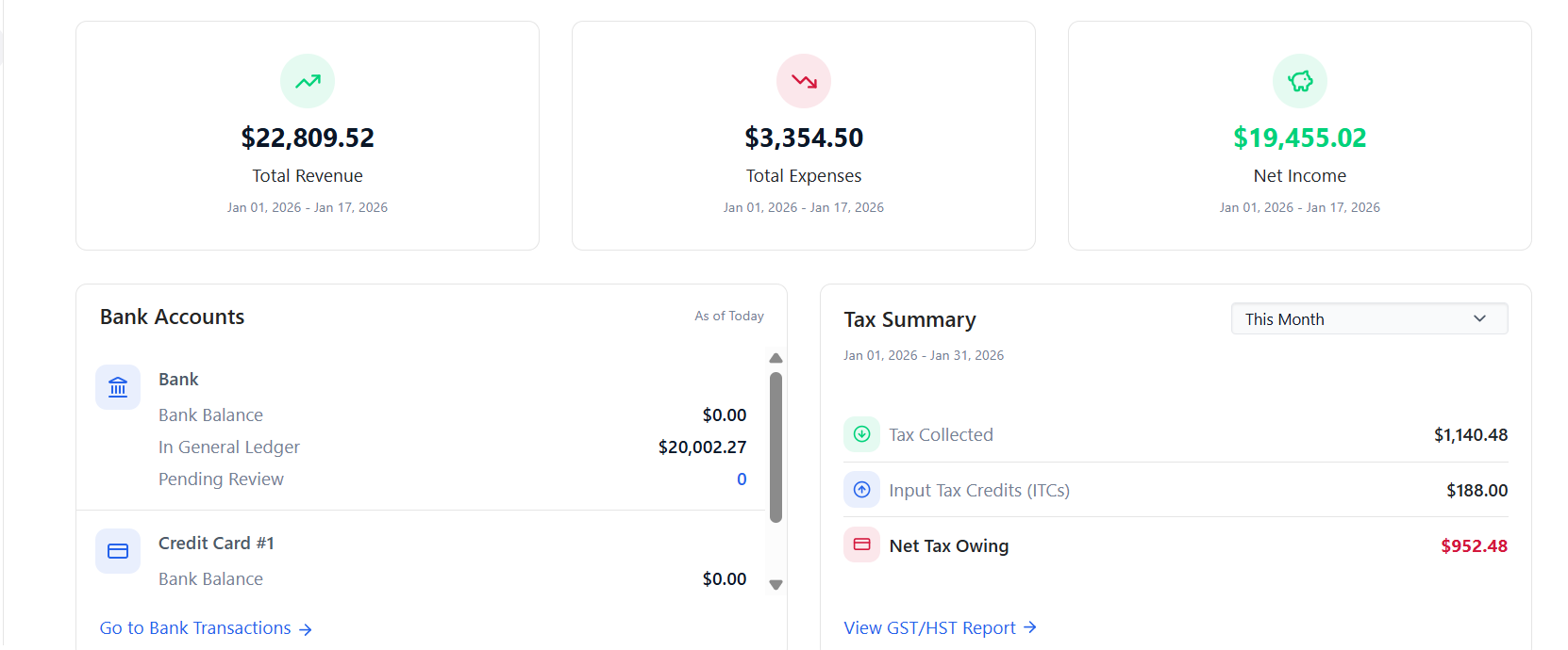 LedgerNext Bookkeeping client dashboard showing year-to-date revenue, expenses, net income, bank balances, and a GST/HST tax summary