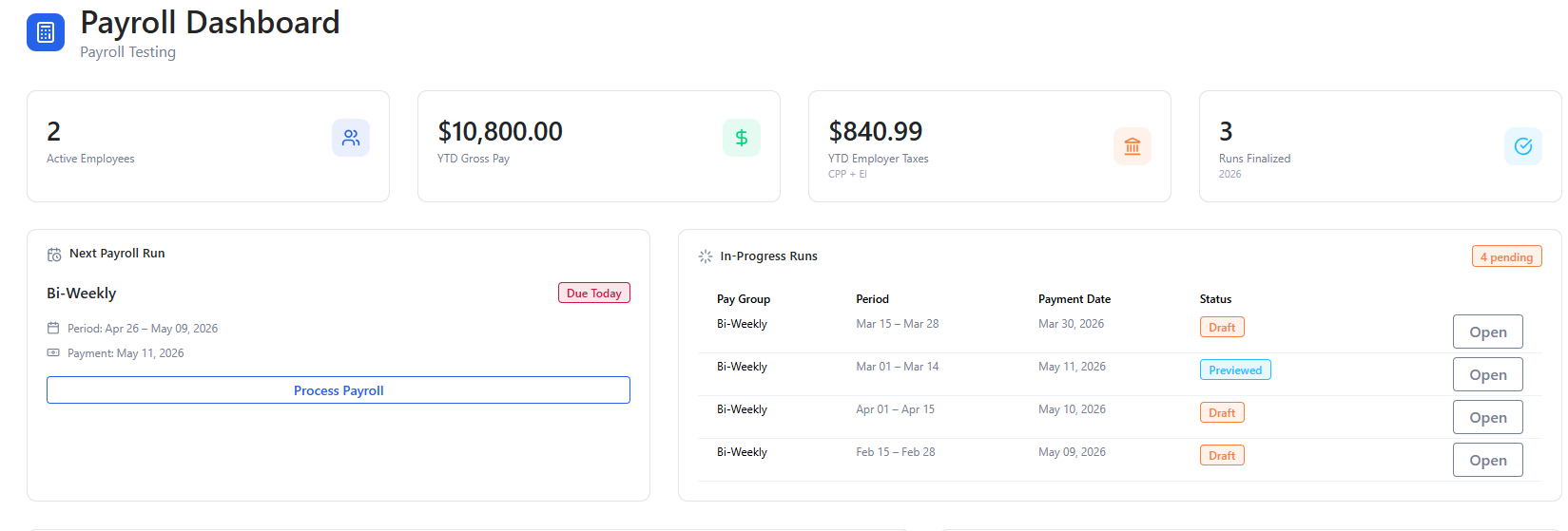 LedgerNext Payroll dashboard showing summary information for multiple client accounts