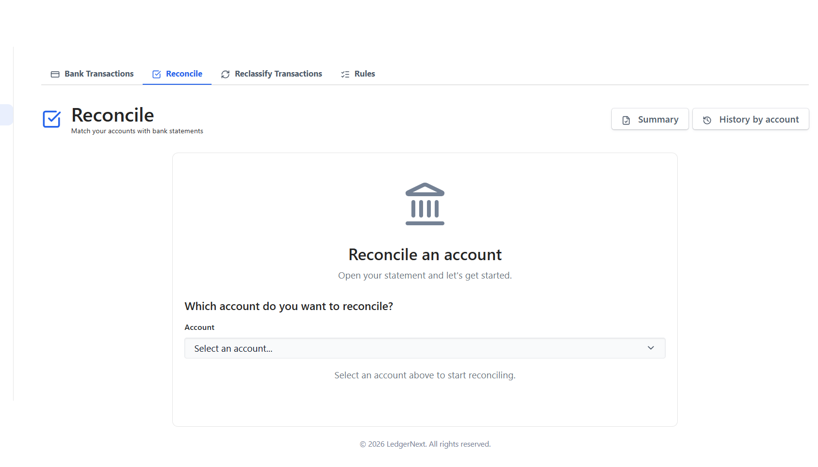 LedgerNext Bookkeeping reconcile screen with account selector and statement matching