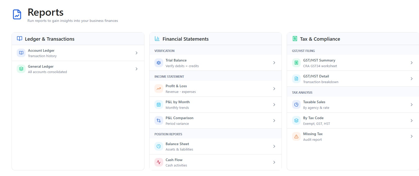 LedgerNext Bookkeeping reports library with ledger, financial statement, and tax reports