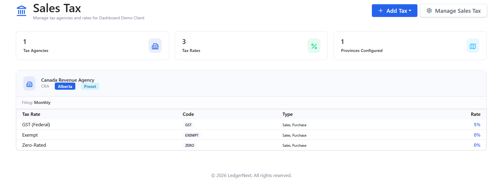 LedgerNext Bookkeeping sales tax setup showing tax agency, rates table, and filing frequency